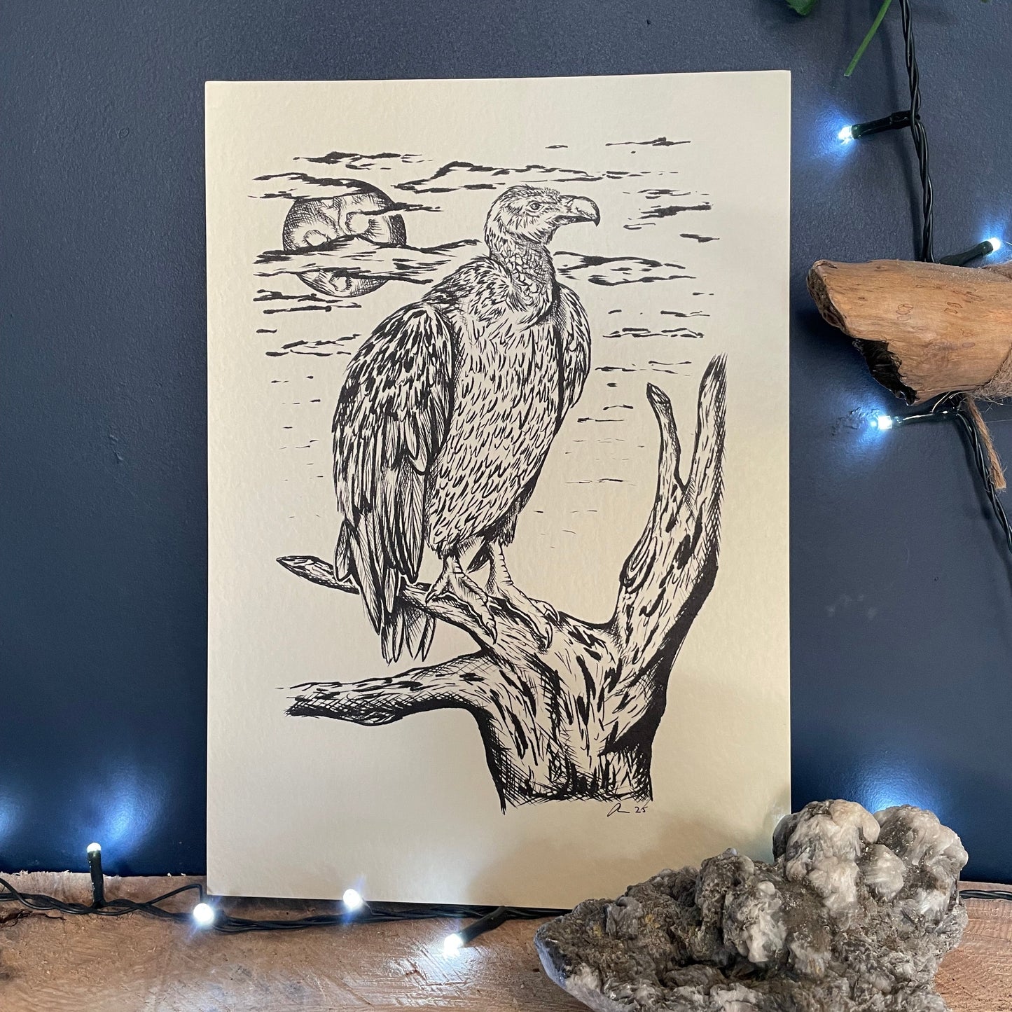 Illustration of a duck on driftwood with decorative elements on a dark blue background