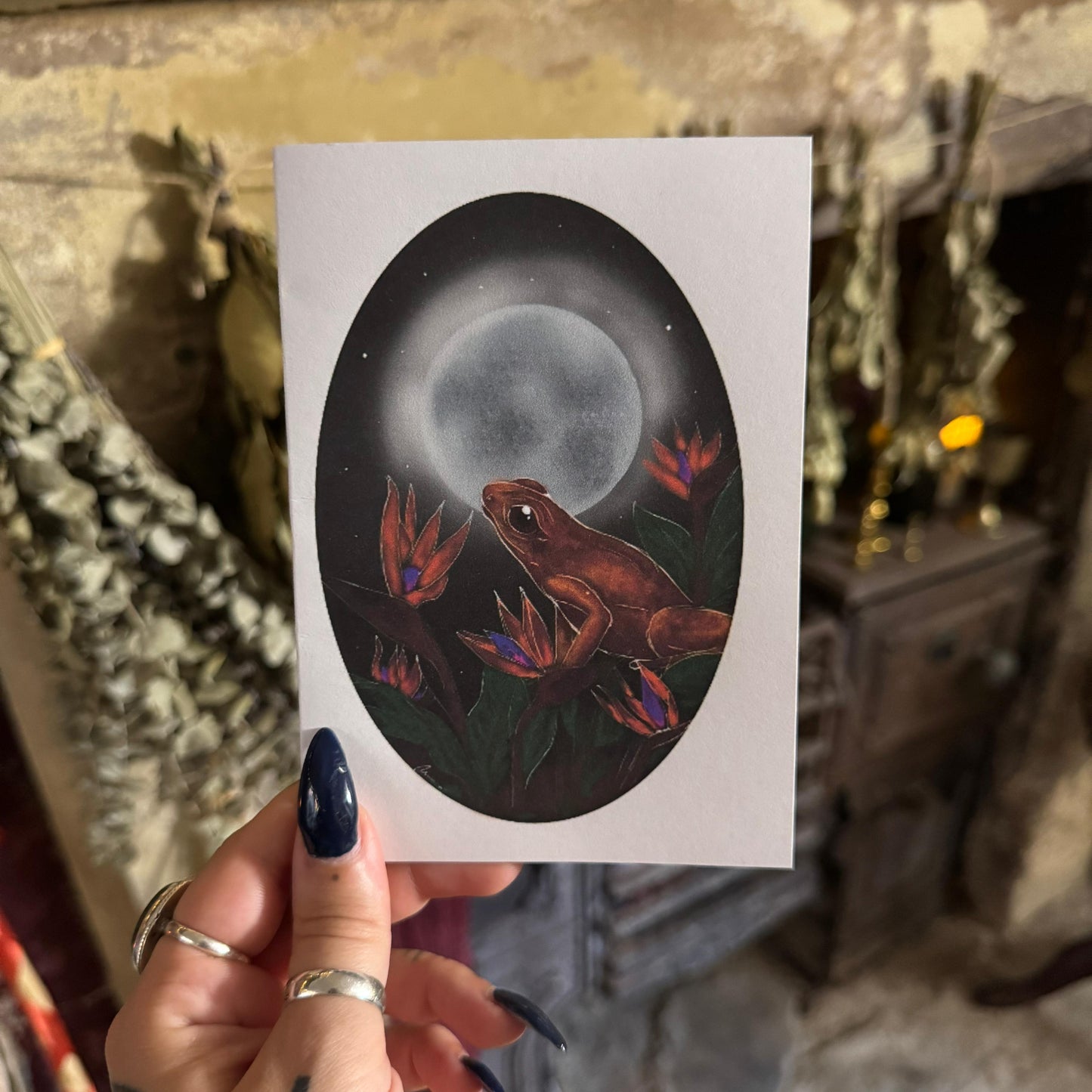 Hand holding a card with a red frog illustration under a moonlit sky, against a blurred indoor background.
