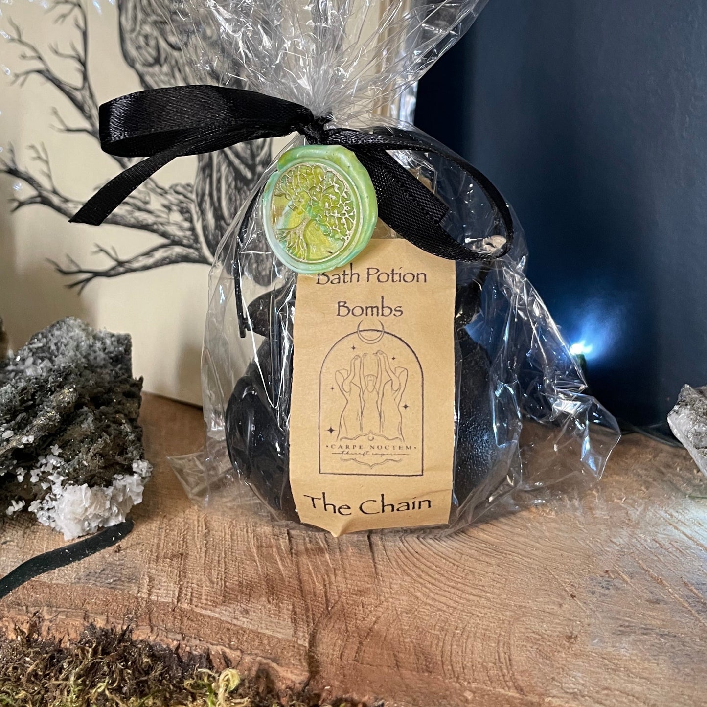 Packaged product with a label on a wooden surface with moss