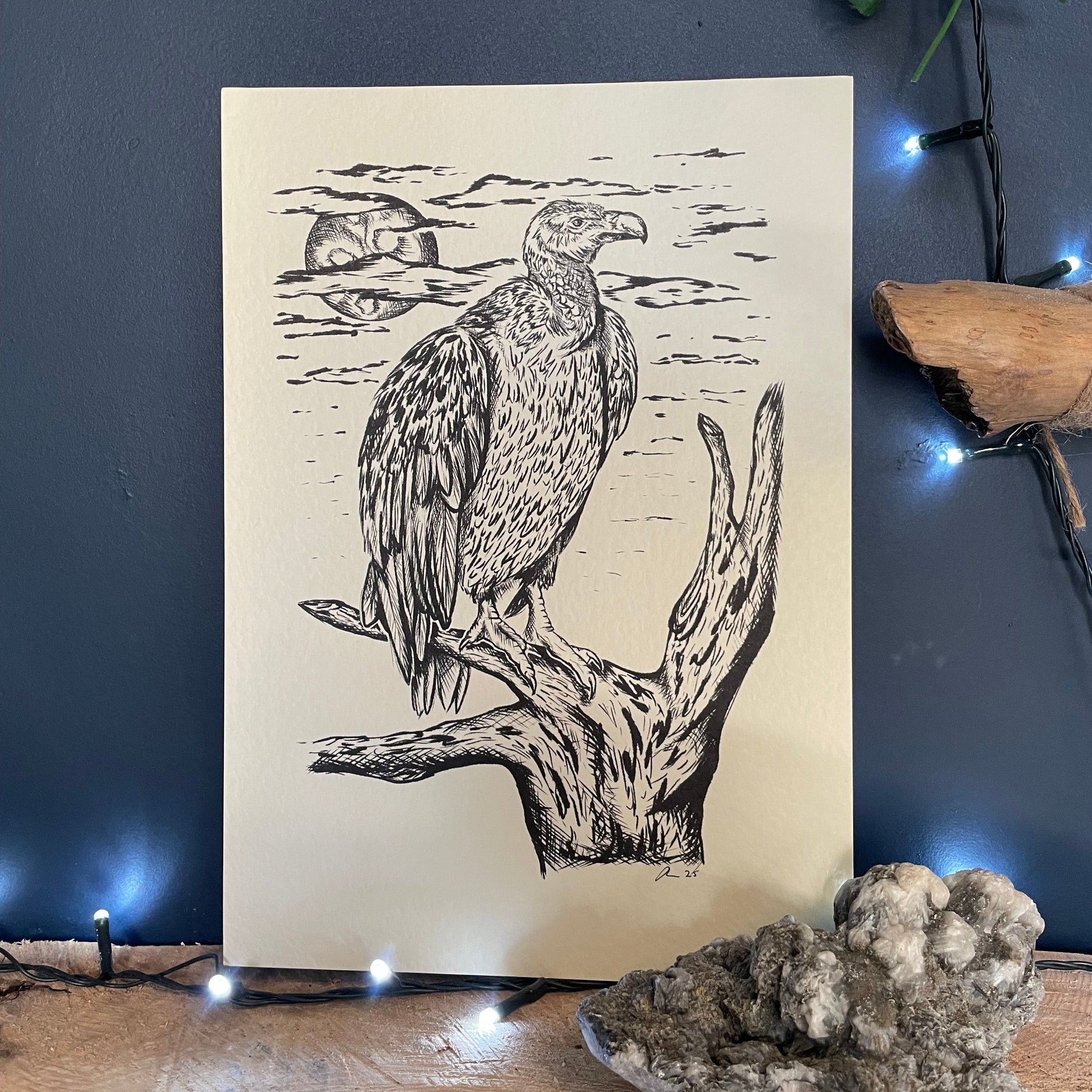 Illustration of a duck on driftwood with decorative elements on a dark blue background