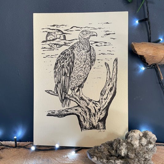 Illustration of a duck on driftwood with decorative elements on a dark blue background
